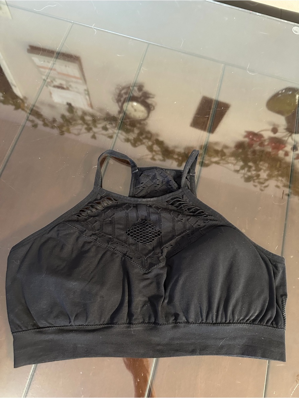 ZYIA Black High-Neck Lace “Amazing Seamless” Sports Bra